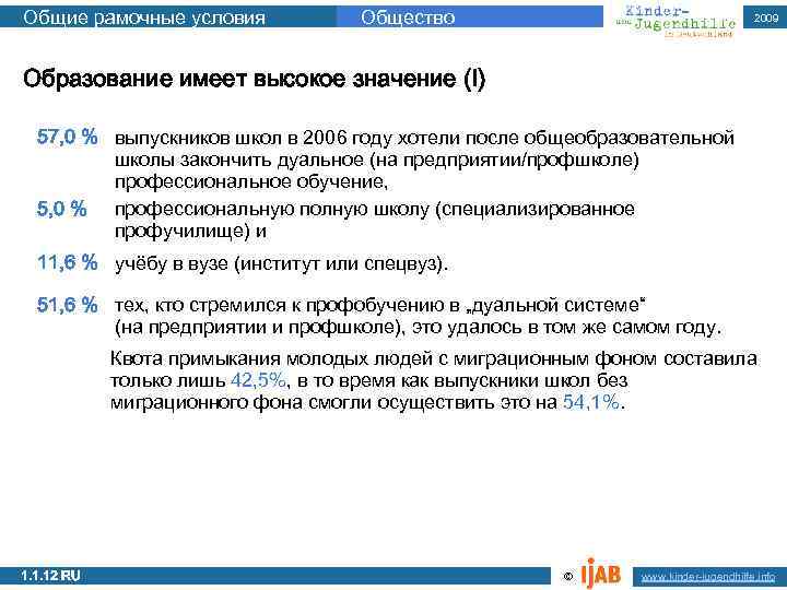 Общие рамочные условия Общество 2009 Образование имеет высокое значение (I) 57, 0 % выпускников