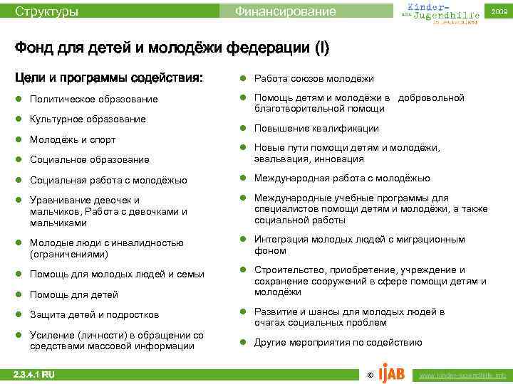 Структуры Финансирование 2009 Фонд для детей и молодёжи федерации (I) Цели и программы содействия: