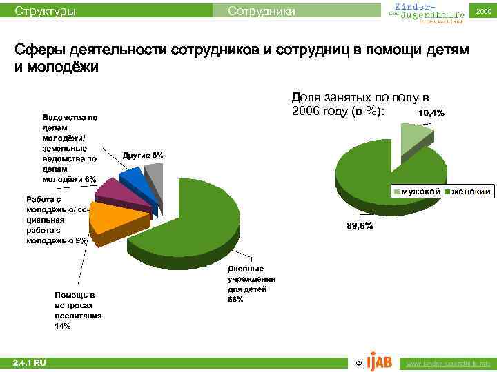 Структуры Сотрудники 2009 Сферы деятельности сотрудников и сотрудниц в помощи детям и молодёжи Доля