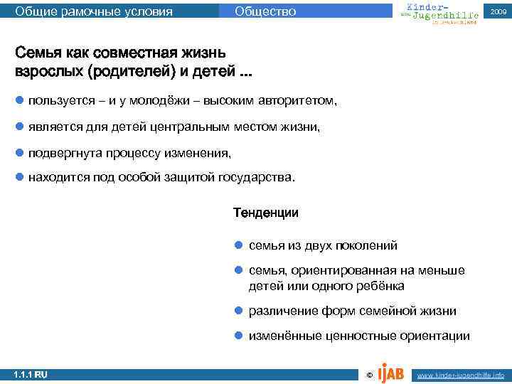 Общие рамочные условия Общество 2009 1. 1. 1 a Семья как совместная жизнь взрослых