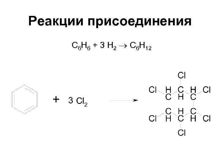 Реакции присоединения С 6 Н 6 + 3 Н 2 С 6 Н 12