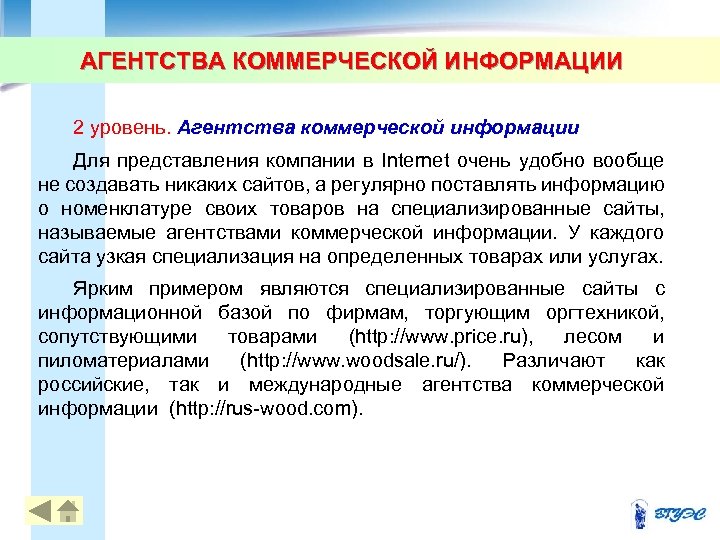АГЕНТСТВА КОММЕРЧЕСКОЙ ИНФОРМАЦИИ 2 уровень. Агентства коммерческой информации Для представления компании в Internet очень