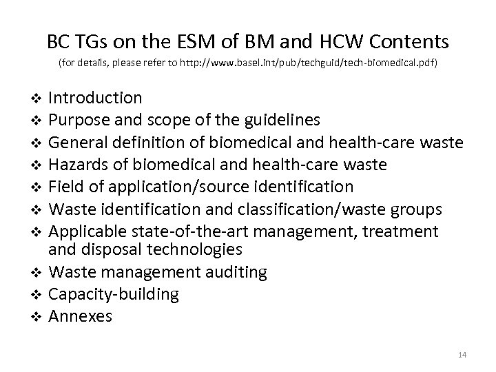 BC TGs on the ESM of BM and HCW Contents (for details, please refer