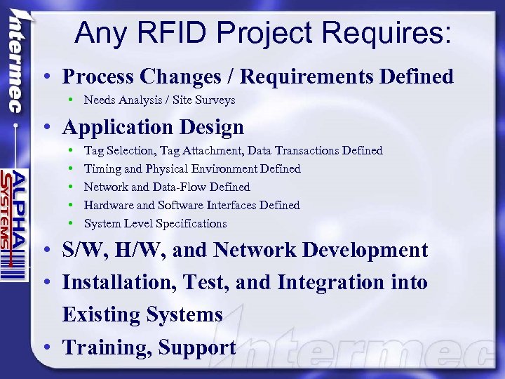 Any RFID Project Requires: • Process Changes / Requirements Defined • Needs Analysis /