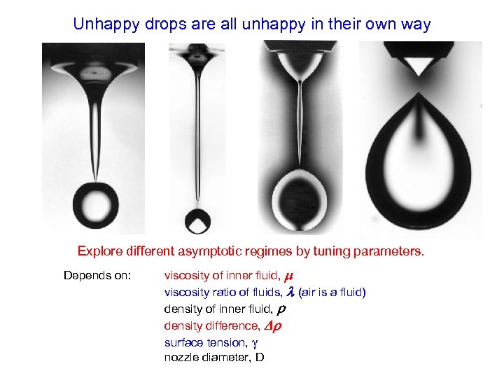 Unhappy drops are all unhappy in their own way Explore different asymptotic regimes by