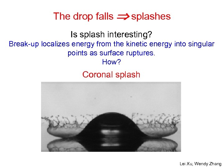The drop falls splashes Is splash interesting? Break-up localizes energy from the kinetic energy