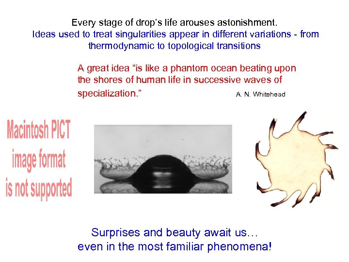 Every stage of drop’s life arouses astonishment. Ideas used to treat singularities appear in