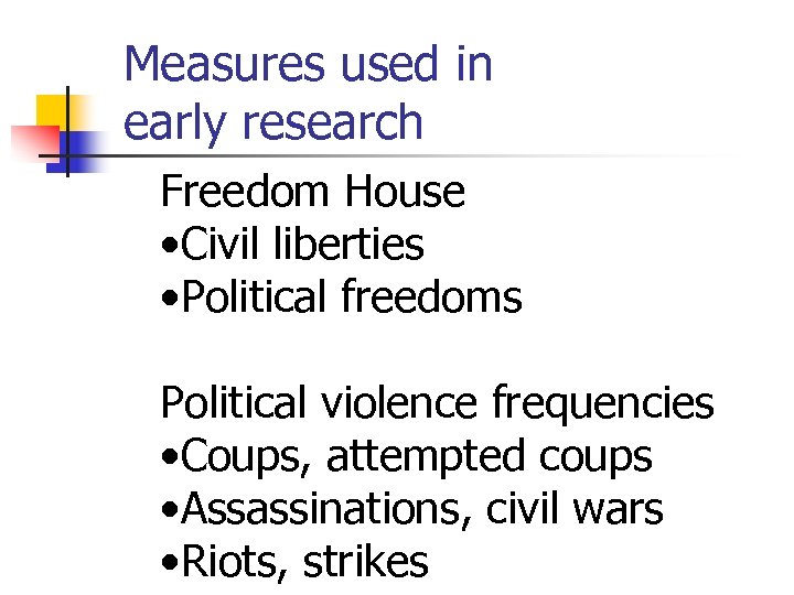 Measures used in early research Freedom House • Civil liberties • Political freedoms Political