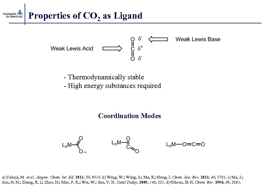 Properties of CO 2 as Ligand - Thermodynamically stable - High energy substances required