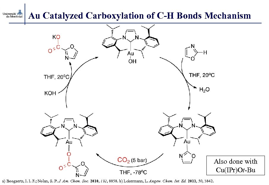 Au Catalyzed Carboxylation of C-H Bonds Mechanism Also done with Cu(IPr)Ot-Bu a) Boogaerts, I.