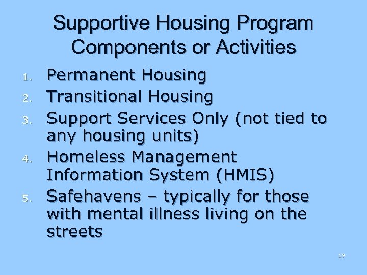 Supportive Housing Program Components or Activities 1. 2. 3. 4. 5. Permanent Housing Transitional