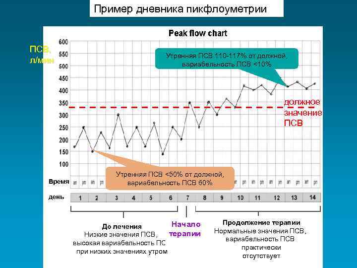 Пример дневника пикфлоуметрии ПСВ, л/мин Утренняя ПСВ 110 -117% от должной, вариабельность ПСВ <10%