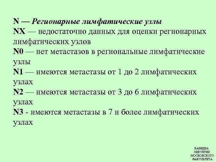 N — Регионарные лимфатические узлы NX — недостаточно данных для оценки регионарных лимфатических узлов