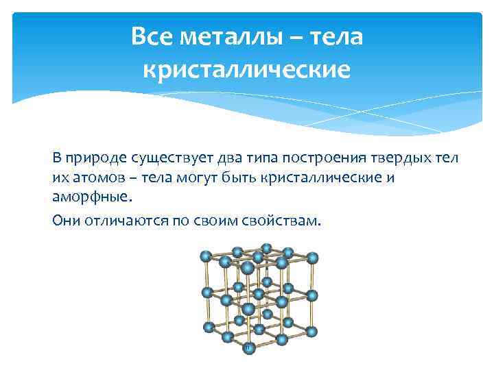 Все металлы – тела кристаллические В природе существует два типа построения твердых тел их