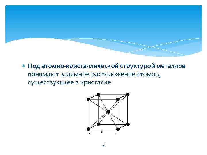  Под атомно-кристаллической структурой металлов понимают взаимное расположение атомов, существующее в кристалле. 16 