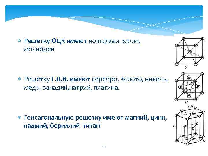  Решетку ОЦК имеют вольфрам, хром, молибден Решетку Г. Ц. К. имеют серебро, золото,