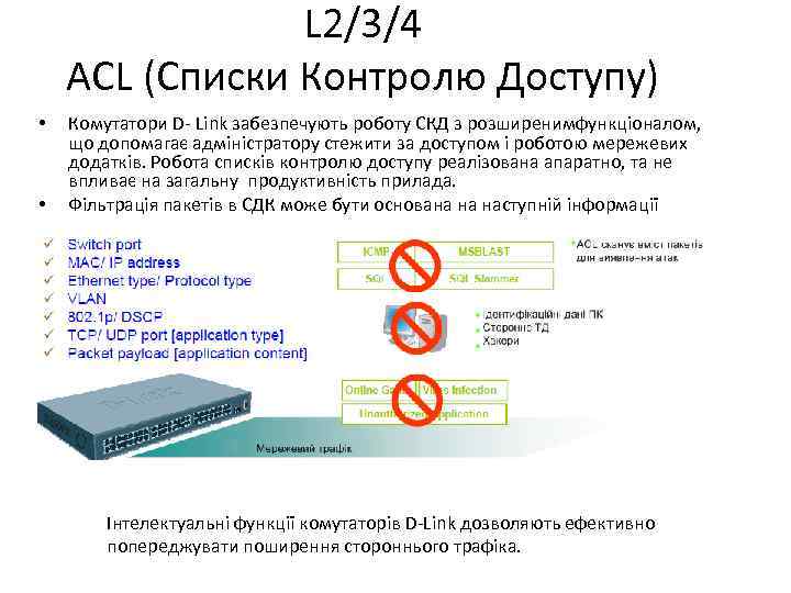 L 2/3/4 ACL (Списки Контролю Доступу) • • Комутатори D- Link забезпечують роботу СКД