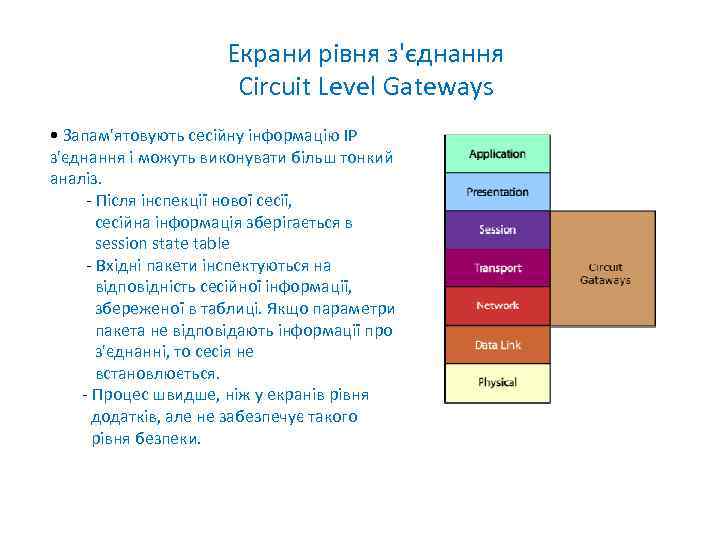 Екрани рівня з'єднання Circuit Level Gateways • Запам'ятовують сесійну інформацію IP з'єднання і можуть
