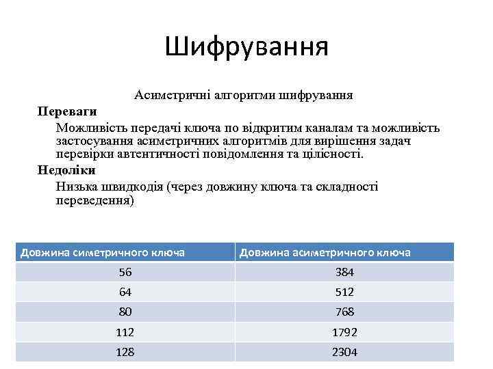 Шифрування Асиметричні алгоритми шифрування Переваги Можливість передачі ключа по відкритим каналам та можливість застосування