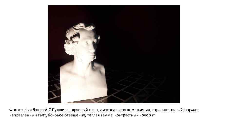 Фотография бюста А. С. Пушкина , крупный план, диагональная композиция, горизонтальный формат, направленный свет,