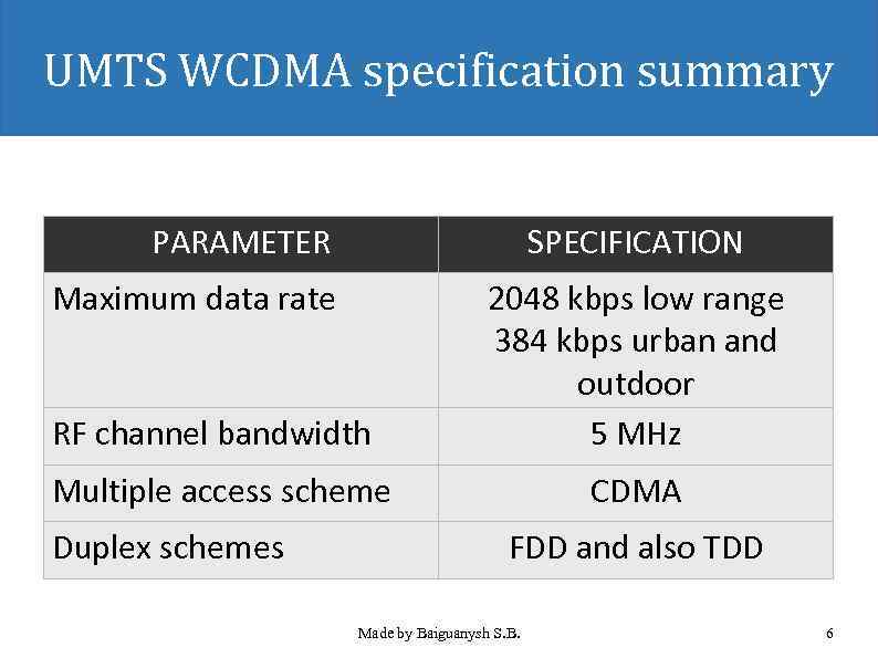 UMTS WCDMA specification summary PARAMETER SPECIFICATION Maximum data rate RF channel bandwidth 2048 kbps