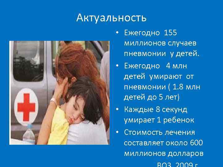 Актуальность • Ежегодно 155 миллионов случаев пневмонии у детей. • Ежегодно 4 млн детей