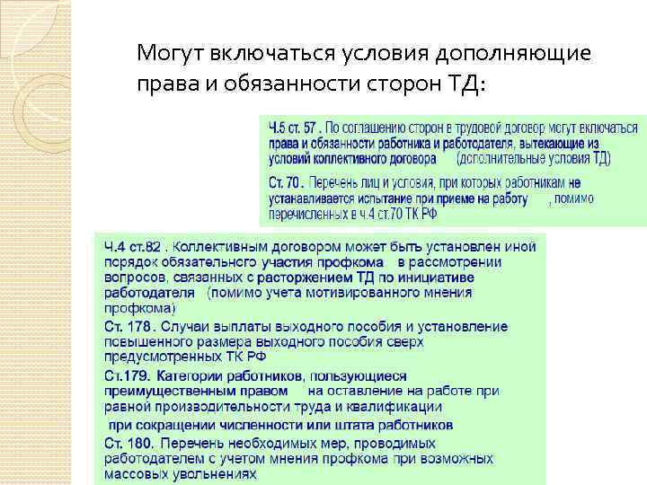 Могут включаться условия дополняющие права и обязанности сторон ТД: 