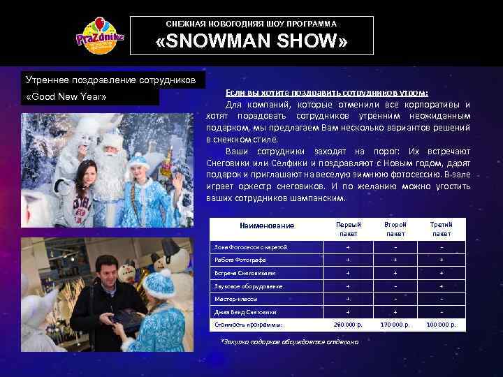 СНЕЖНАЯ НОВОГОДНЯЯ ШОУ ПРОГРАММА «SNOWMAN SHOW» Утреннее поздравление сотрудников «Good New Year» Если вы