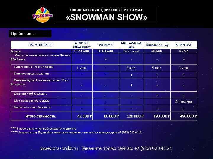 СНЕЖНАЯ НОВОГОДНЯЯ ШОУ ПРОГРАММА «SNOWMAN SHOW» Прайс-лист: Welcome Минимальное шоу Финальное шоу All inclusive