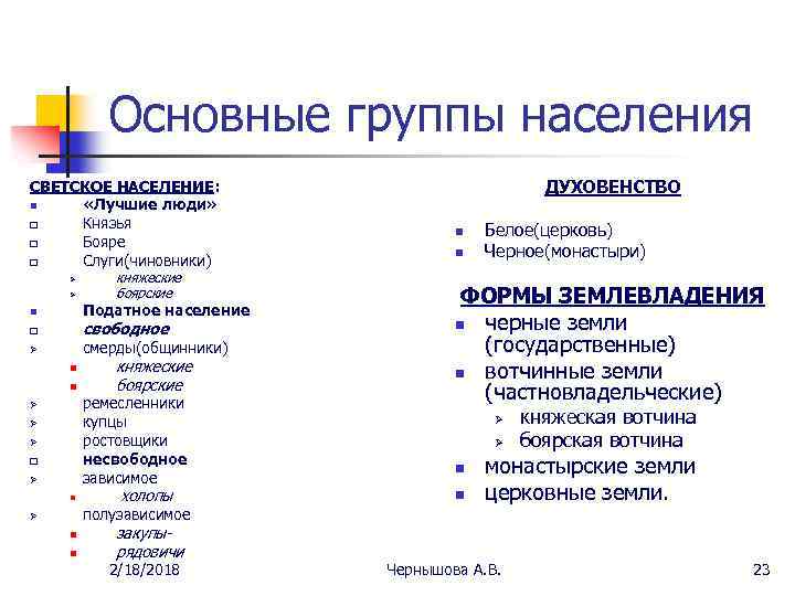 Основные группы населения СВЕТСКОЕ НАСЕЛЕНИЕ: n «Лучшие люди» q Князья q Бояре q Слуги(чиновники)