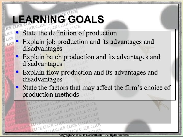 LEARNING GOALS • • • State the definition of production Explain job production and