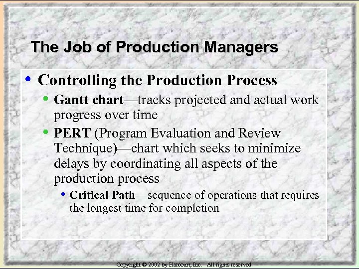 The Job of Production Managers • Controlling the Production Process • Gantt chart—tracks projected