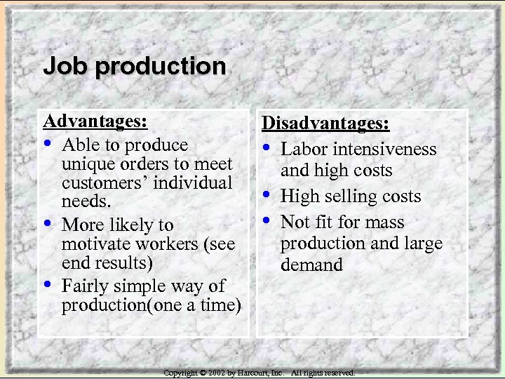 Job production Advantages: • Able to produce unique orders to meet customers’ individual needs.