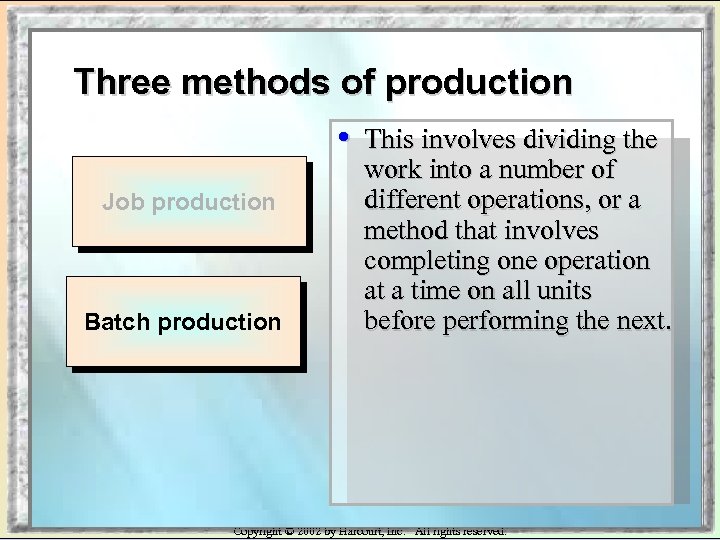 Three methods of production • This involves dividing the Job production Batch production work