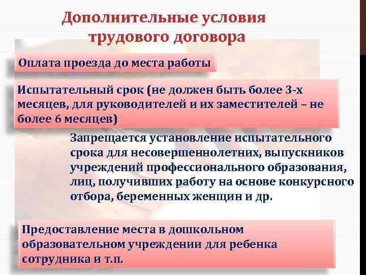 Дополнительные условия трудового договора Оплата проезда до места работы Испытательный срок (не должен быть