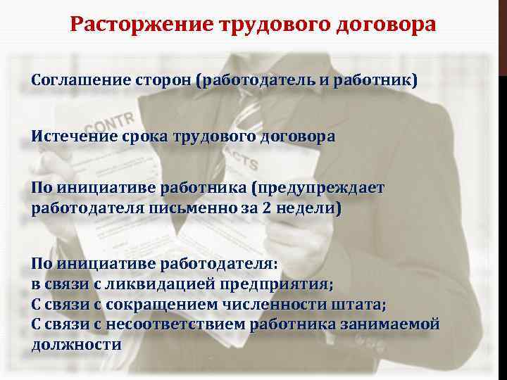 Расторжение трудового договора Соглашение сторон (работодатель и работник) Истечение срока трудового договора По инициативе