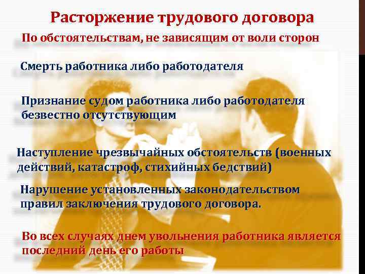 Расторжение трудового договора По обстоятельствам, не зависящим от воли сторон Смерть работника либо работодателя