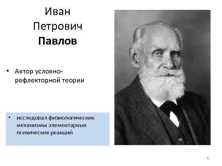 Иван Петрович Павлов • Автор условнорефлекторной теории • исследовал физиологические механизмы элементарных психических реакций