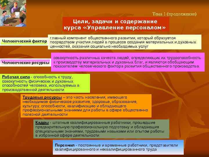 Тема 1 (продолжение) Цели, задачи и содержание курса «Управление персоналом» главный компонент общественного развития,