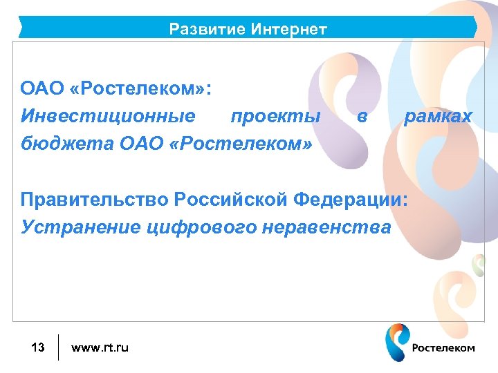 Развитие Интернет ОАО «Ростелеком» : Инвестиционные проекты бюджета ОАО «Ростелеком» в рамках Правительство Российской