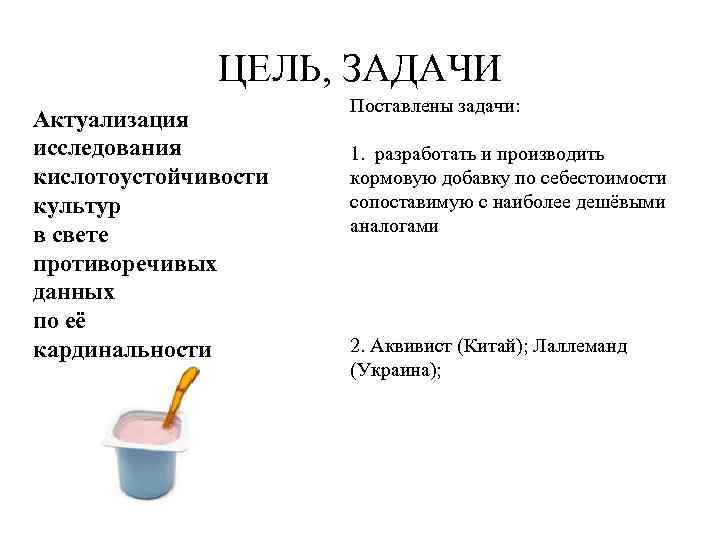 ЦЕЛЬ, ЗАДАЧИ Актуализация исследования кислотоустойчивости культур в свете противоречивых данных по её кардинальности Поставлены