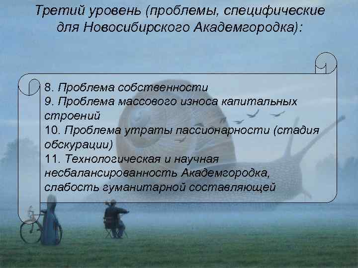 Третий уровень (проблемы, специфические для Новосибирского Академгородка): 8. Проблема собственности 9. Проблема массового износа