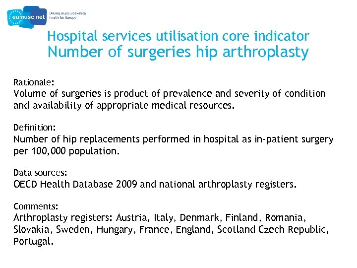 Hospital services utilisation core indicator Number of surgeries hip arthroplasty Rationale: Volume of surgeries