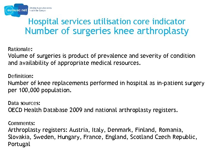 Hospital services utilisation core indicator Number of surgeries knee arthroplasty Rationale: Volume of surgeries