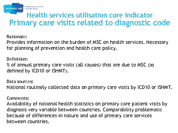 Health services utilisation core indicator Primary care visits related to diagnostic code Rationale: Provides
