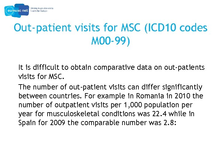 Out-patient visits for MSC (ICD 10 codes M 00 -99) It is difficult to