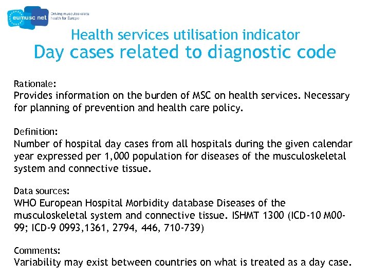 Health services utilisation indicator Day cases related to diagnostic code Rationale: Provides information on