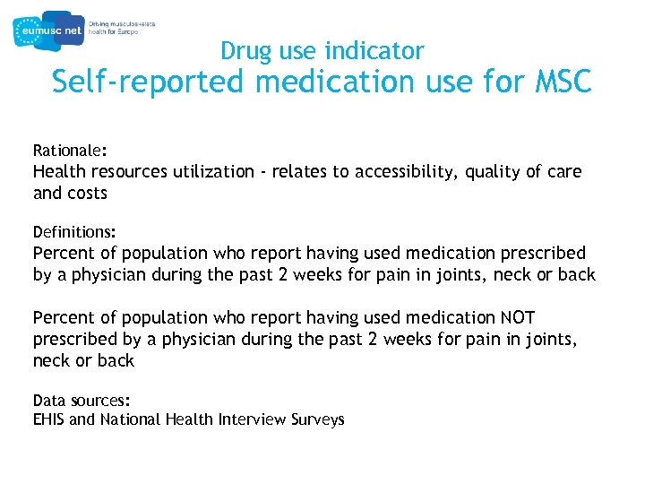Drug use indicator Self-reported medication use for MSC Rationale: Health resources utilization - relates
