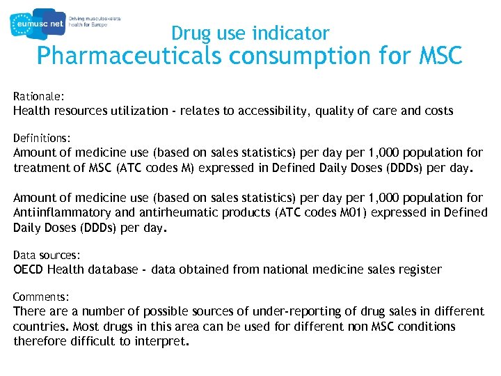 Drug use indicator Pharmaceuticals consumption for MSC Rationale: Health resources utilization - relates to