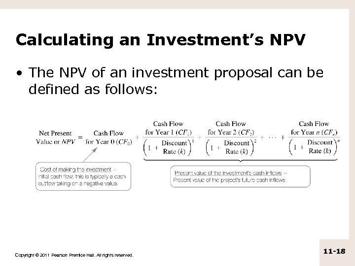 Calculating an Investment’s NPV • The NPV of an investment proposal can be defined